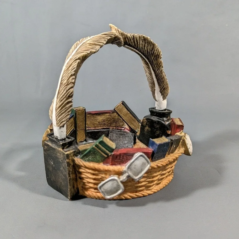Vintage Resin Literary Trinket Basket Books Quill Pen Spectacles Decor
